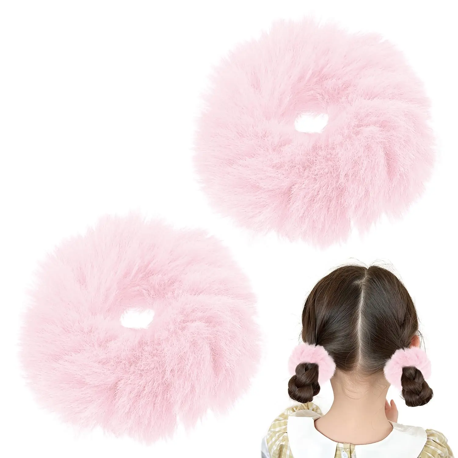 4 count Pom-Pom Hair Ties,Bright  Soft Furry Faux   Fuzzy Scrunchies, Ponytail Holders,Rope Wristband,Hair Ring, Hair Accessories for Girls Women ()
