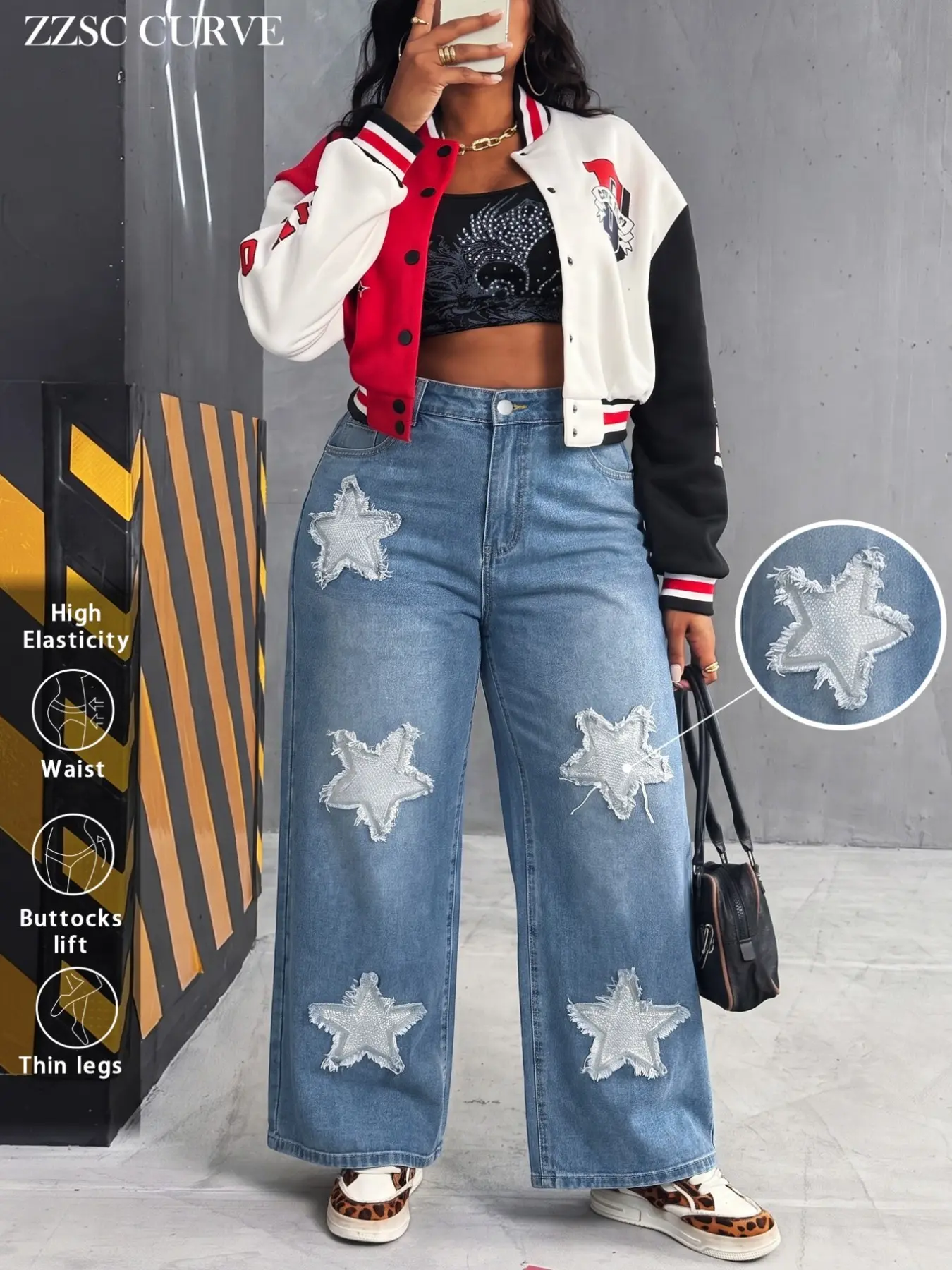 Trendy Versatile Jeans, Light Blue Patchwork Washed Frayed Star High Elastic Wide Leg Straight Denim Jeans, Plus Size Pear Shape Friendly