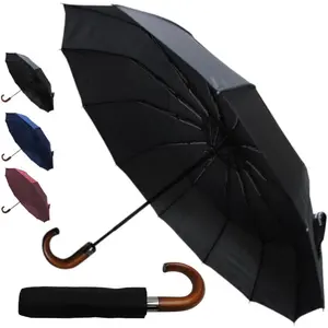 Rare 12 RIB Compact Windproof Umbrella for Rain - 50MPH - Best for Auto Open Close - Frame with Fiberglass - Vented - Wooden Hook Handle - Travel Backpack
