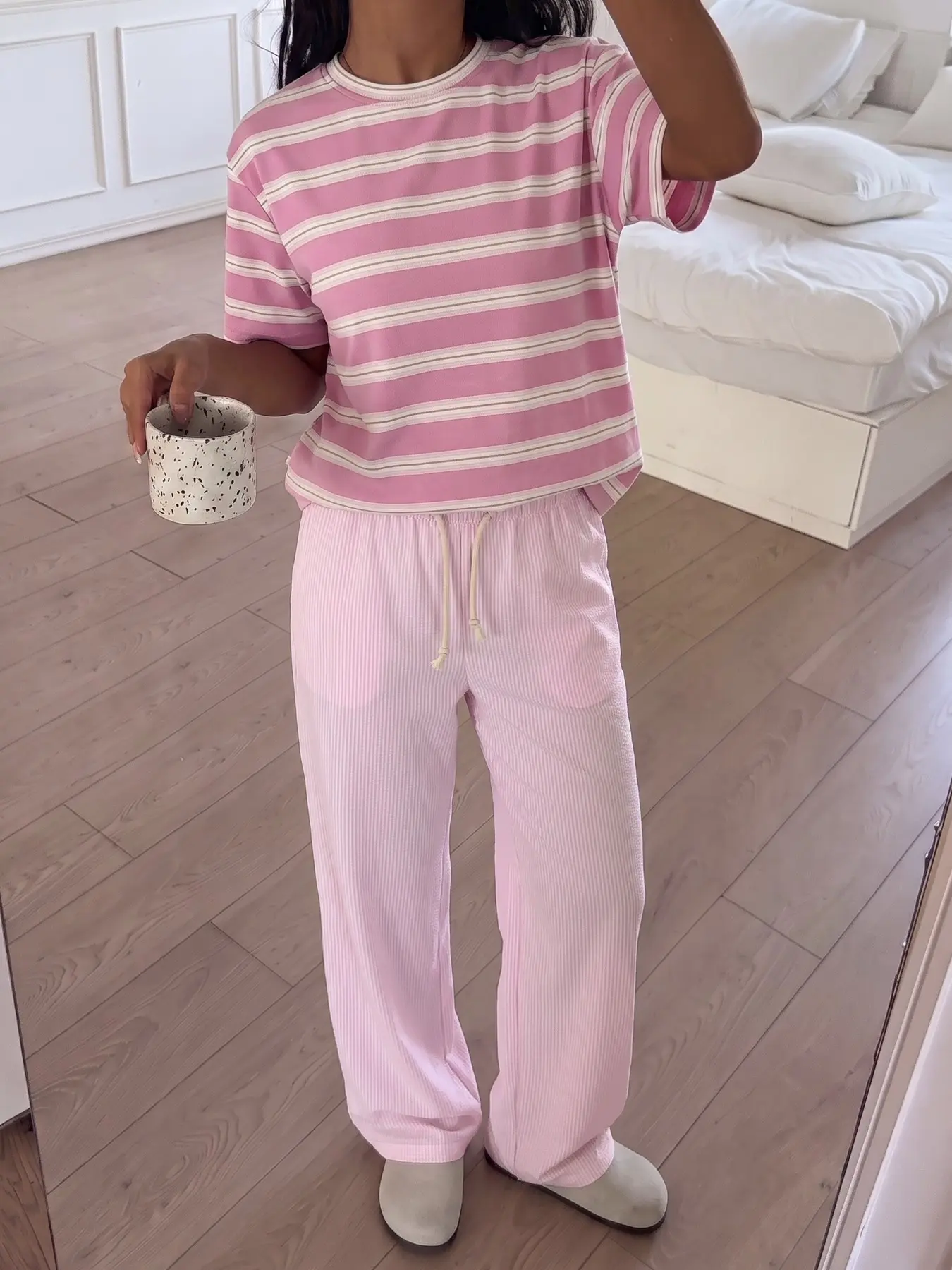 Pink Striped Short Sleeve Tee & Vertical Stripe Drawstring Wide Leg Pants 2 Piece Set, Soft Breathable Loose Casual Loungewear, autumn outfits women, Cozy Relax Fit Daily Home Streetwear Matching Outfit, Lightweight Comfortable Women Autumn Loungewear Set