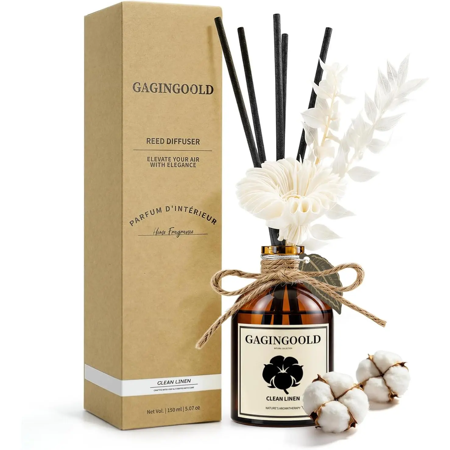 Reed Diffuser Set, Fresh Linen Scent Diffuser with 10 Sticks & Decorative Flower, Long Lasting Diffusers for Home Fragrance, Vintage Decor for Bathroom Bedroom Office Shelf, 5 Fl.oz