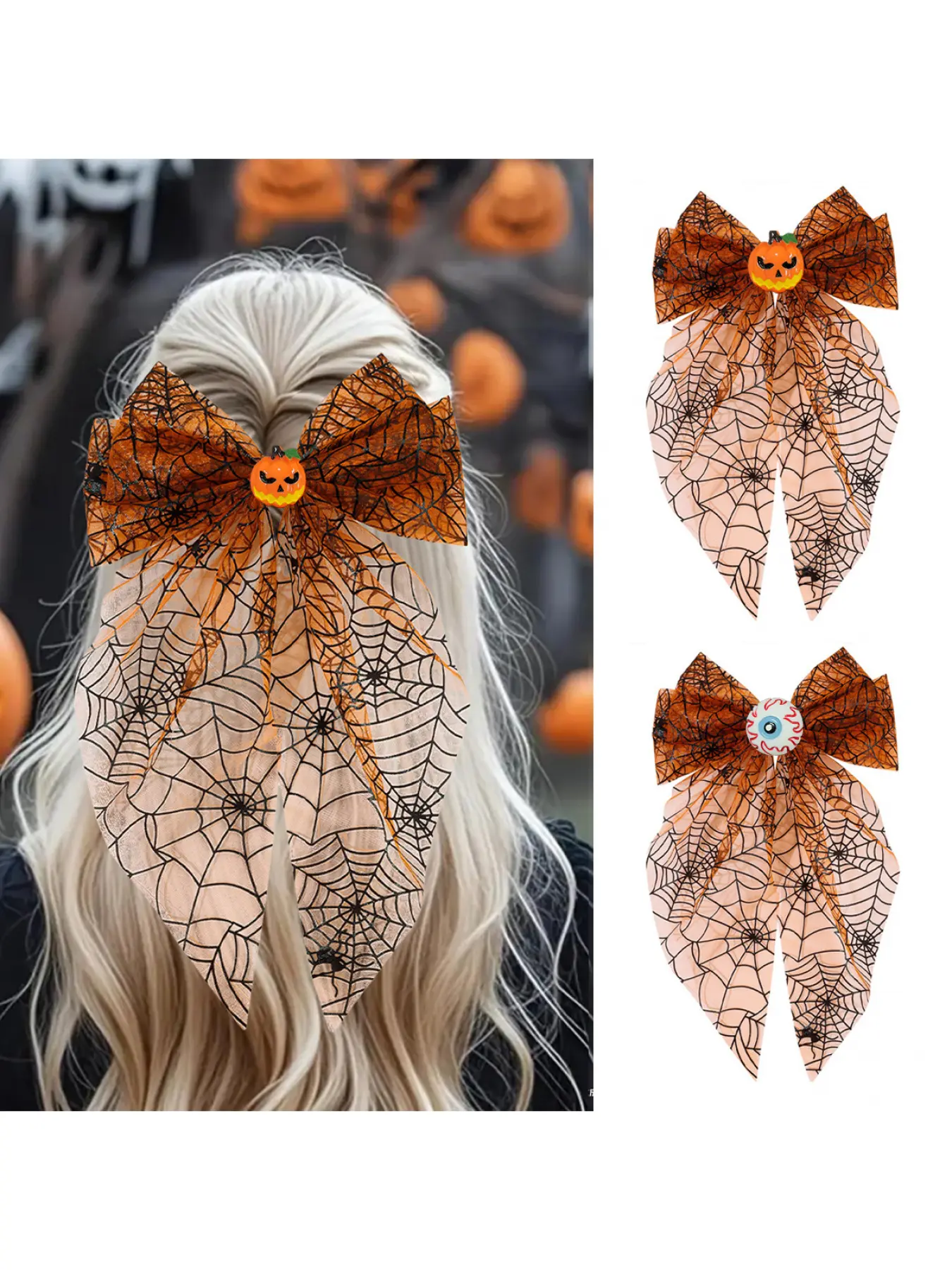 2Pcs/set Halloween Spider Web Tulle Bow Hair Clips, Cute Pumpkin & Eyeball Decor Spring Barrettes, Spooky Large Mesh Bow Hair Pins, Festive Party Cosplay Hair Accessories for Women Girls, Trick or Treat Costume Dress Up Decor