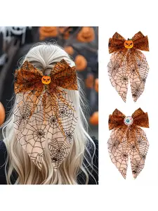 2Pcs/set Halloween Spider Web Tulle Bow Hair Clips, Cute Pumpkin & Eyeball Decor Spring Barrettes, Spooky Large Mesh Bow Hair Pins, Festive Party Cosplay Hair Accessories for Women Girls, Trick or Treat Costume Dress Up Decor