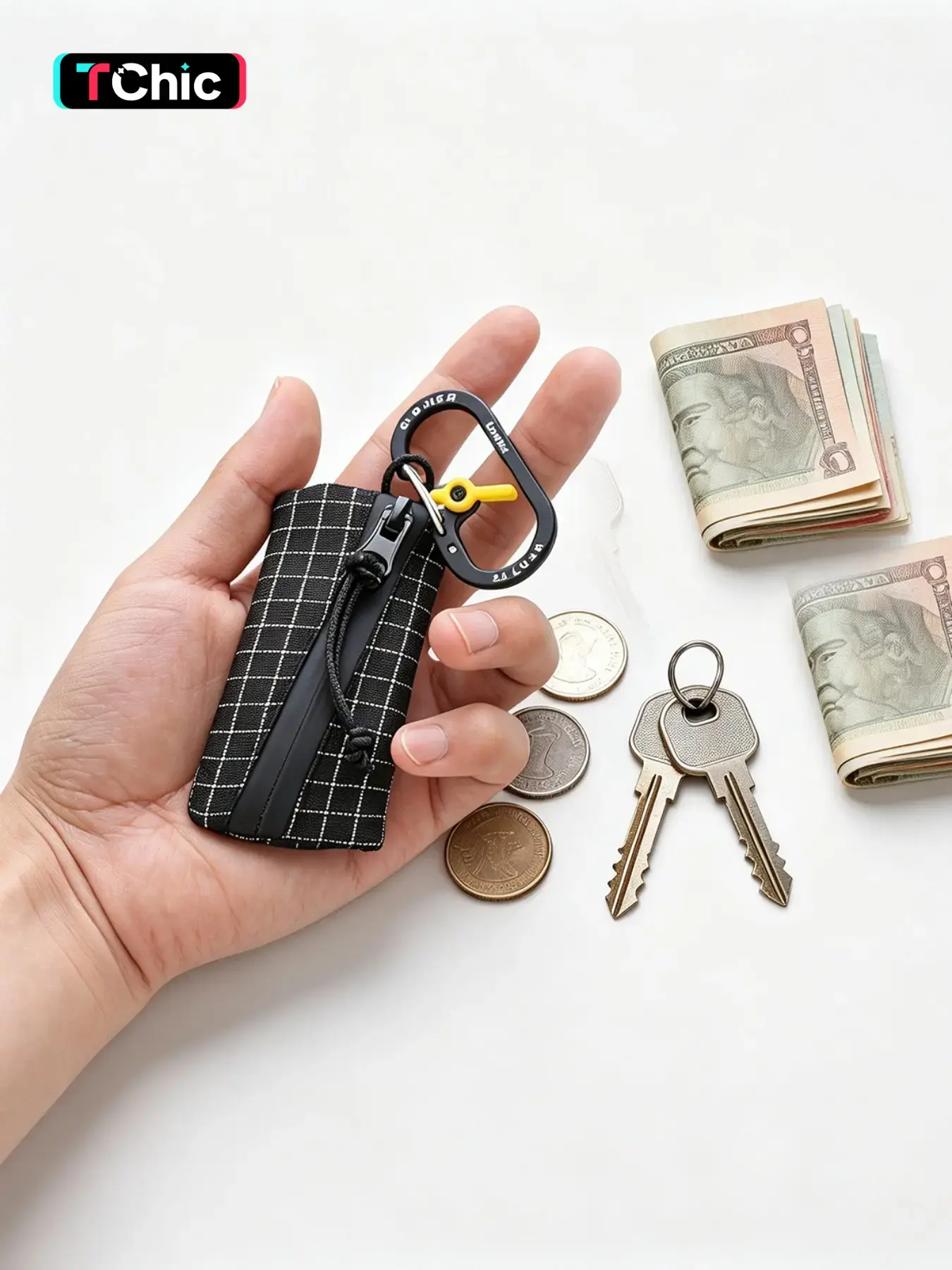 Mini Checkered Utility Pouch - Compact Everyday Carry (EDC) Keychain Organizer Multifunctional Keychain with Durable Tactical Clip, Portable Earphone & Coin Bag for Outdoor Travel, Keychain Carabiner, Keychain for Bags, Key Accessories