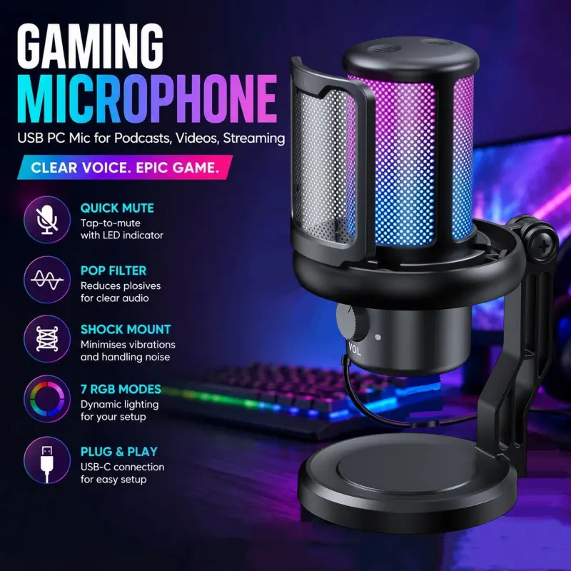 USB Gaming Microphone, Dynamic Condenser Mic, Ideal for Podcasts, Live Streaming, Recording, Quick Mute, Desktop Stand, Pop Filter, RGB Indicator, Shock Mount, Button, Compatible with PC, Ps4, Ps5, MAC