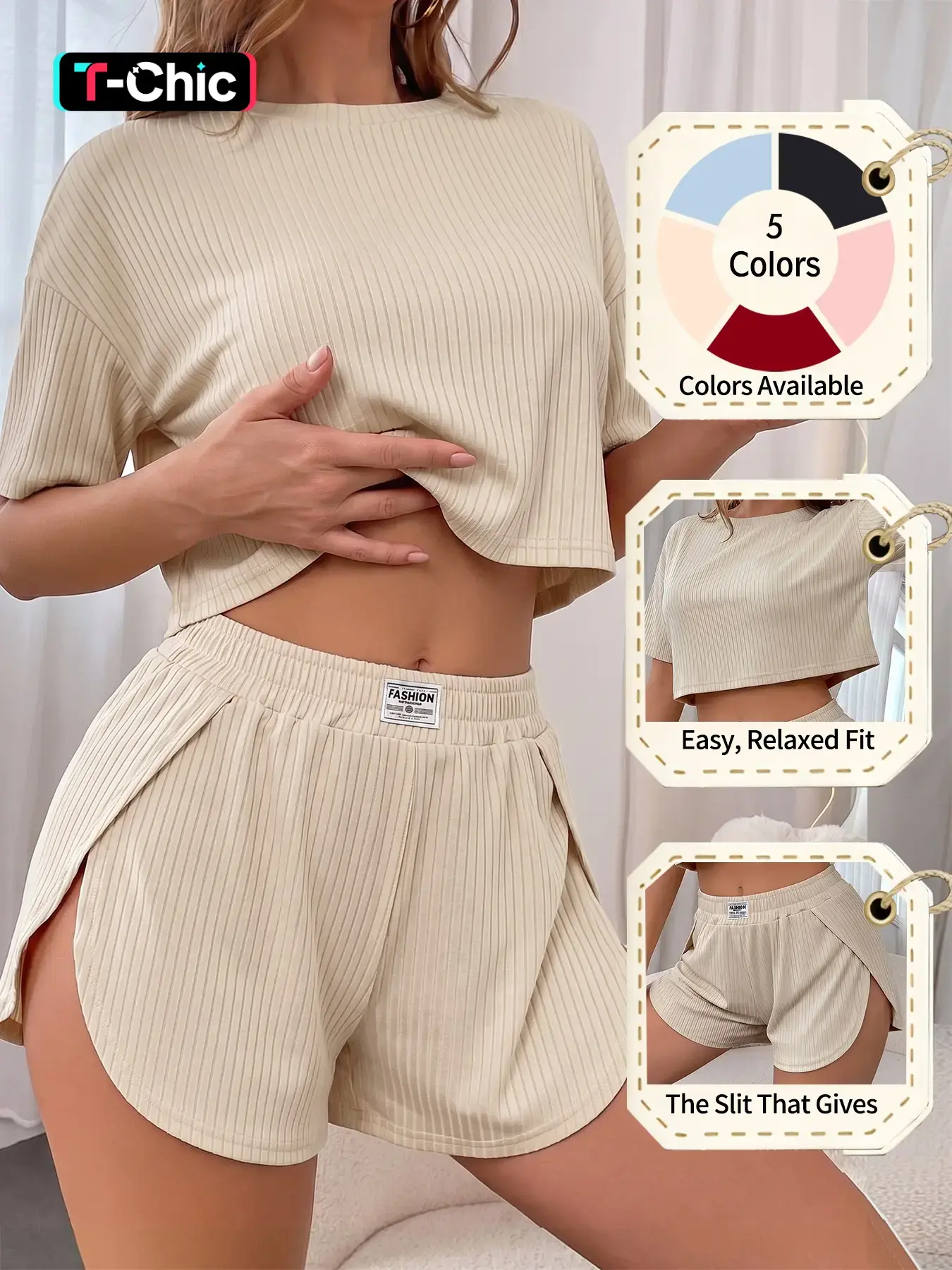 Women's Spring Summer Pajama Set, Solid Color Fitted Casual Sleepwear Loungewear, Short-Sleeve Top and High-Split Shorts, Comfortable Casual Home Nightwear