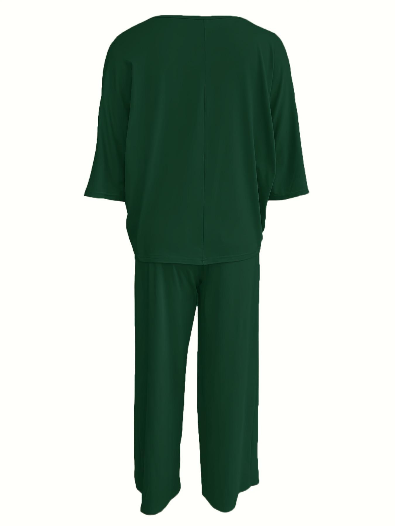 Women's V Neck Short Sleeve Loose Knit Wide Leg Pants Set, Casual Home Wear Two-Piece, Comfortable and Stylish Clothing