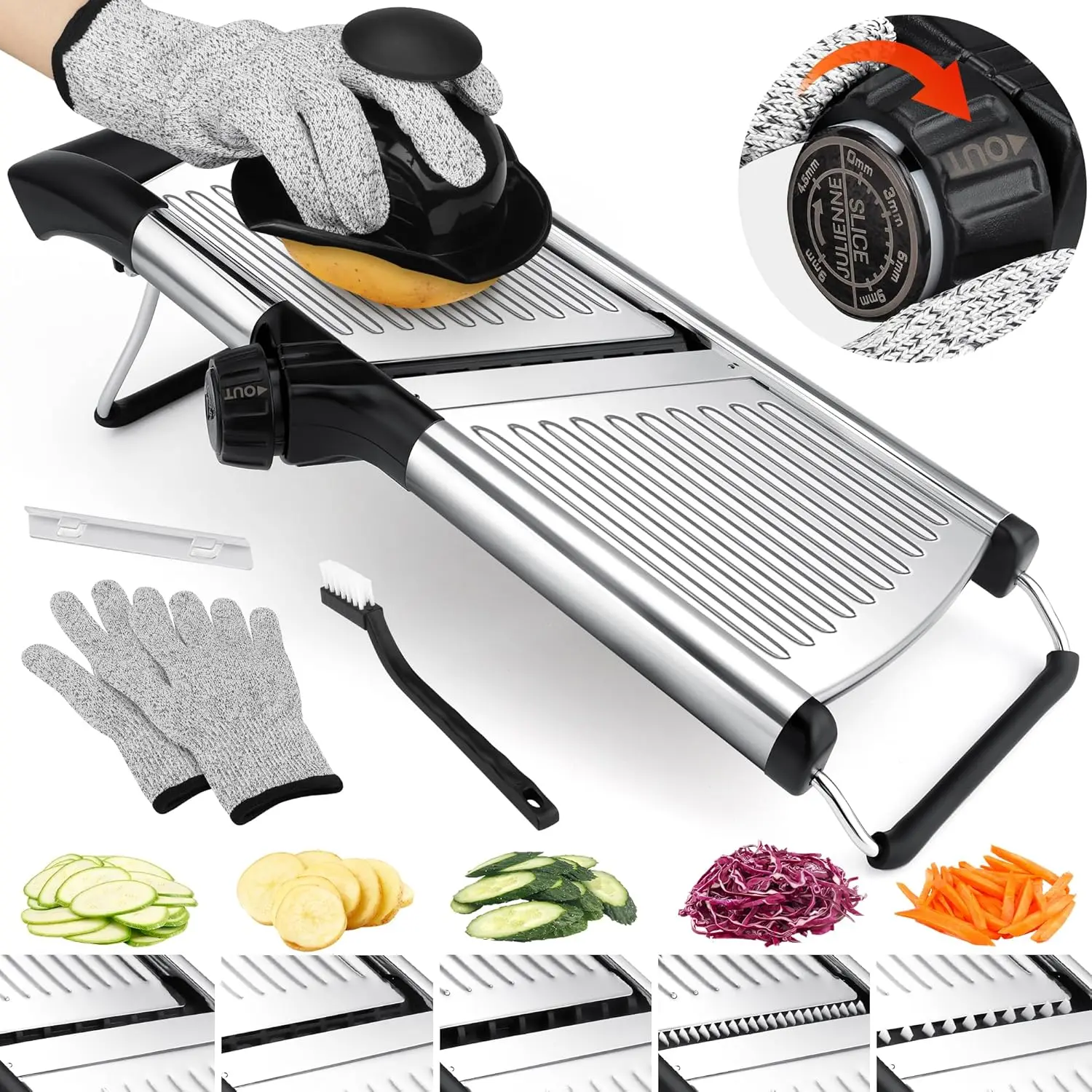 Slicer for Kitchen, Adjustable mandoline food slicer, Stainless Steel vegetable slicer with a pair of Gloves