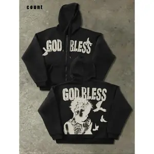 Angel Letter Print Hooded Unisex Cardigan, Loose Long Sleeve Zipper Jacket, Trendy Streetwear, Fashionable CasualGift