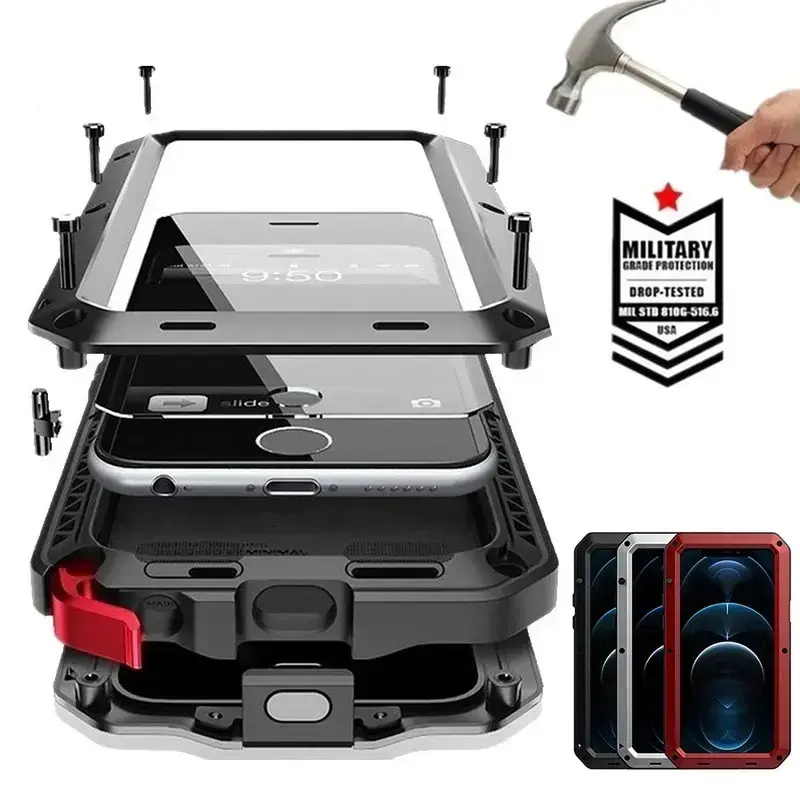Military Grade Aluminium Casing for iPhone 18 Pro,17 Air,16,15,14 Pro Max - IP54 Waterproof Heavy Duty Armor Cellphone Accessory with Built-in Gorilla Glass Screen Protector, Full Body Shockproof Rugged Cover for Compatible Devices