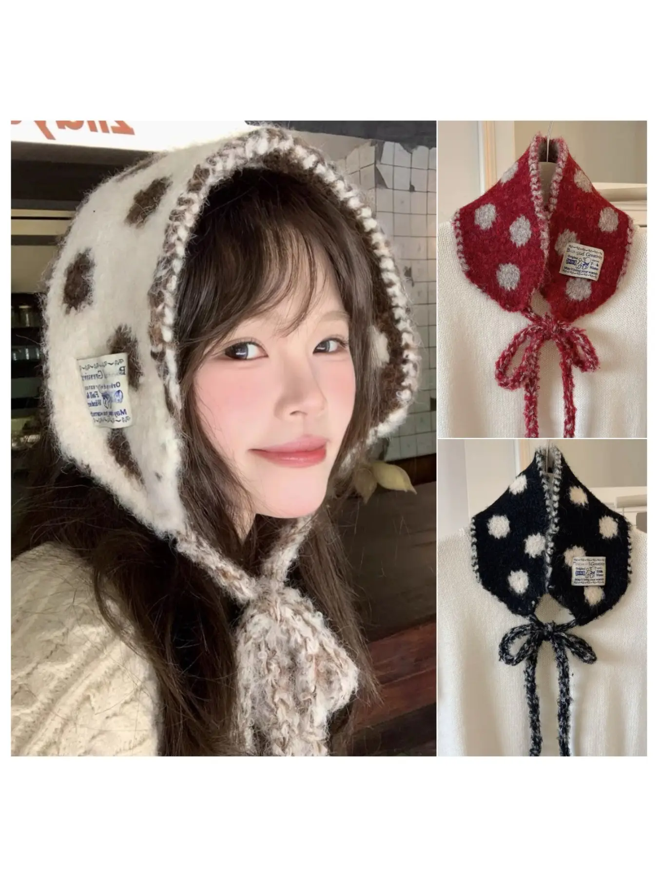 Knitted scarf polka dot tie earflap hat women's winter warm Korean-style wool hat cute two-tone earmuff scarf