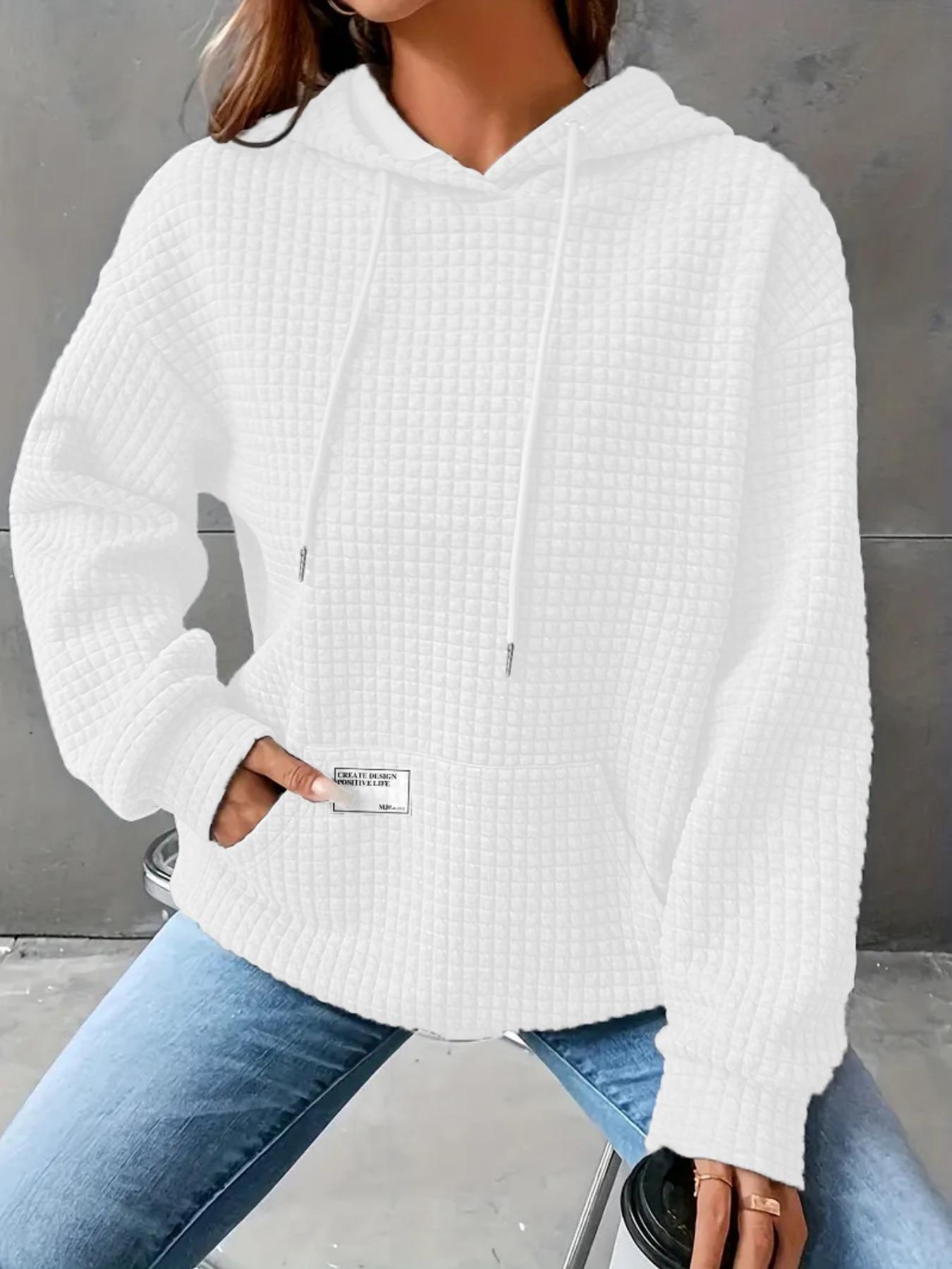 Women's Letter Patched Waffle Textured Drop Shoulder Hoodie, Fashion Casual Long Sleeve Drawstring Pocket Hooded Sweatshirt for Daily Holiday Outdoor Wear, Women Clothing for Fall & Winter