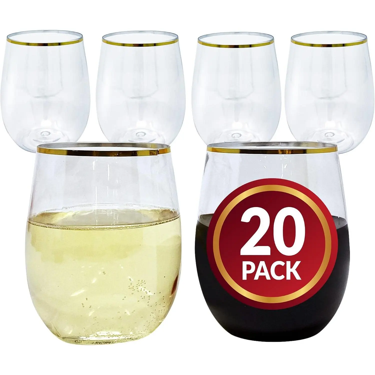 20-Pack 12oz Stemless Disposable Wine Glasses with Gold Rim, Crystal Clear Plastic, Shatterproof, Reusable, BPA-Free Party Cups for Cocktails, Juices