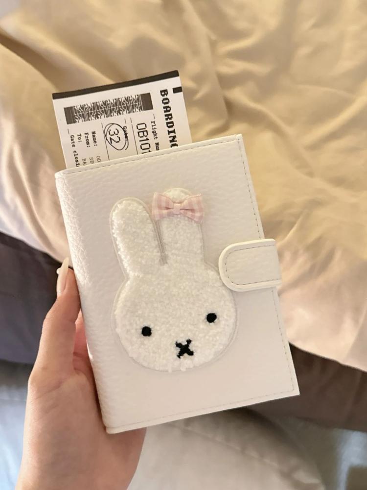 Miffy Plush Bunny PU Passport Holder Multi-Function RFID-Blocking Card Wallet with Kawaii Bow Couple's Mini Purse Perfect Gift