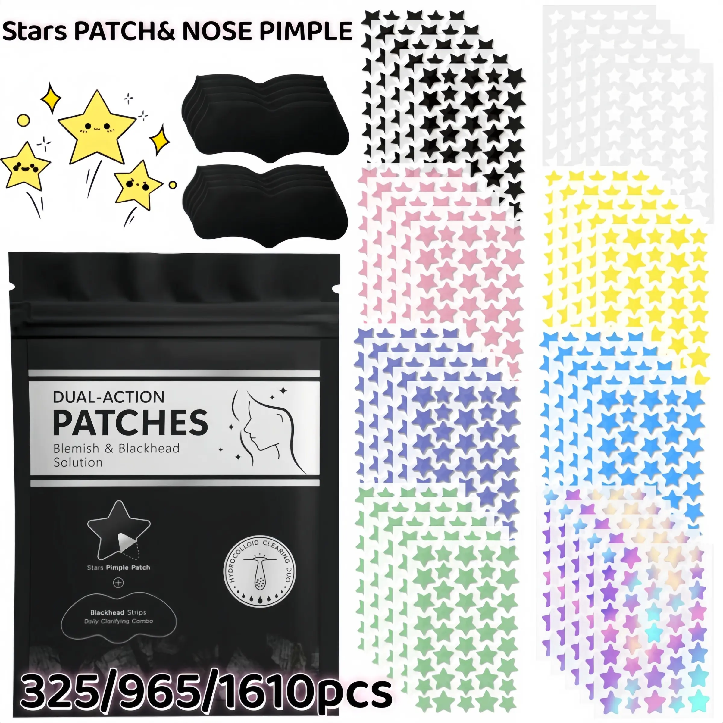 325/965/1610pcs Colorful Star Hydrocolloid Pimple Patches & Nose Strip Combo, Dual-Action Blemish and Blackhead Removing Care Set with Pore Cleansing Nose Strips for Daily Facial Care Remove Blackhead