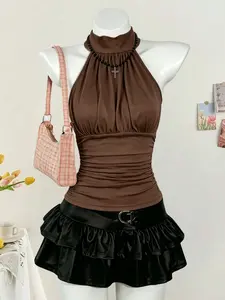 High Neck Halter Ruched Waist Sleeveless Tank Top, Korean Pure Desire Style, Slim-Fitting, Elastic, Short Strap, Office Wear Inner Top