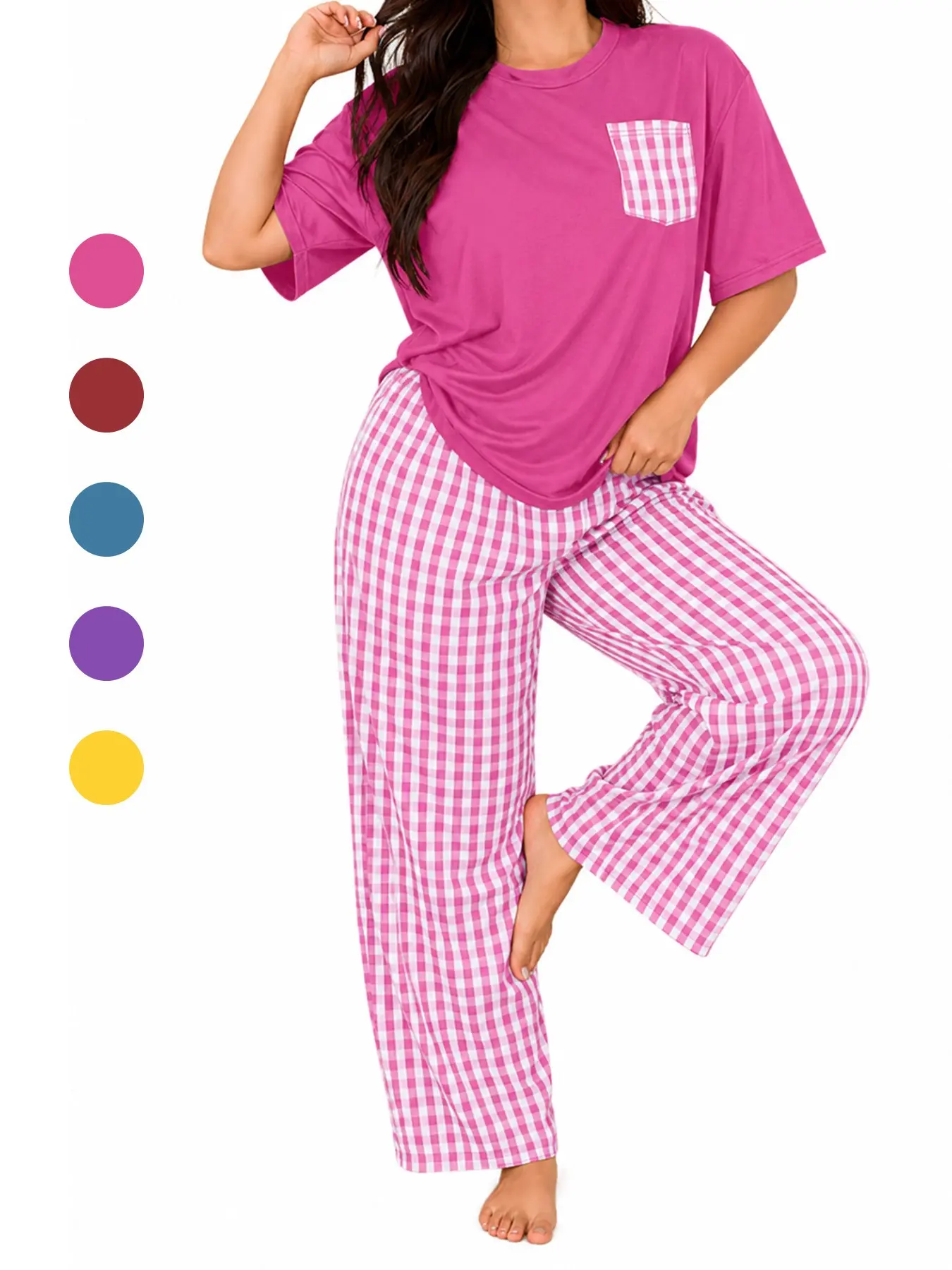 【Plus Size】 Solid Color Tee & Plaid Print Pants Loungewear Set, Casual Comfy Short Sleeve T-shirt & Trousers PJ Set, Women's Sleepwear for All Seasons, Homewear, Lounge Clothes, Pajama, Soft Casual Pajamas, Lounge Matching Set