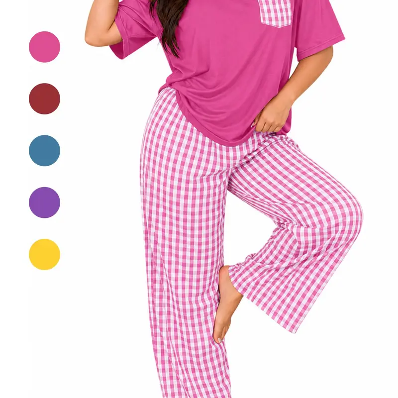 【Plus Size】 Solid Color Tee & Plaid Print Pants Loungewear Set, Casual Comfy Short Sleeve T-shirt & Trousers PJ Set, Women's Sleepwear for All Seasons, Homewear, Lounge Clothes, Pajama, Soft Casual Pajamas, Lounge Matching Set