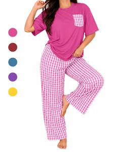 【plus size】 solid color tee & plaid print pants loungewear set, casual comfy short sleeve t-shirt & trousers pj set, women's sleepwear for all seasons, pajama, womenswear