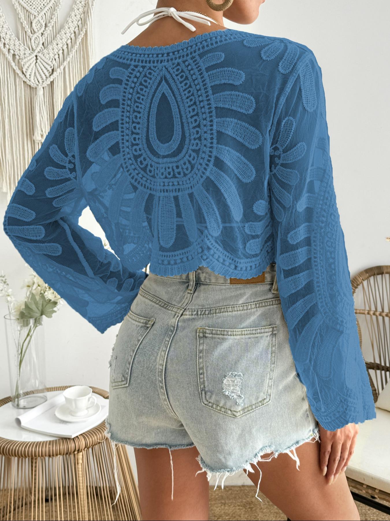 Women's Floral Embroidery Semi-sheer Cover Up Top, Boho Casual Long Sleeve Cover Up for Beach Vacation, Ladies Clothes for All Seasons, Beach Cover Ups, Swimwear Coverups