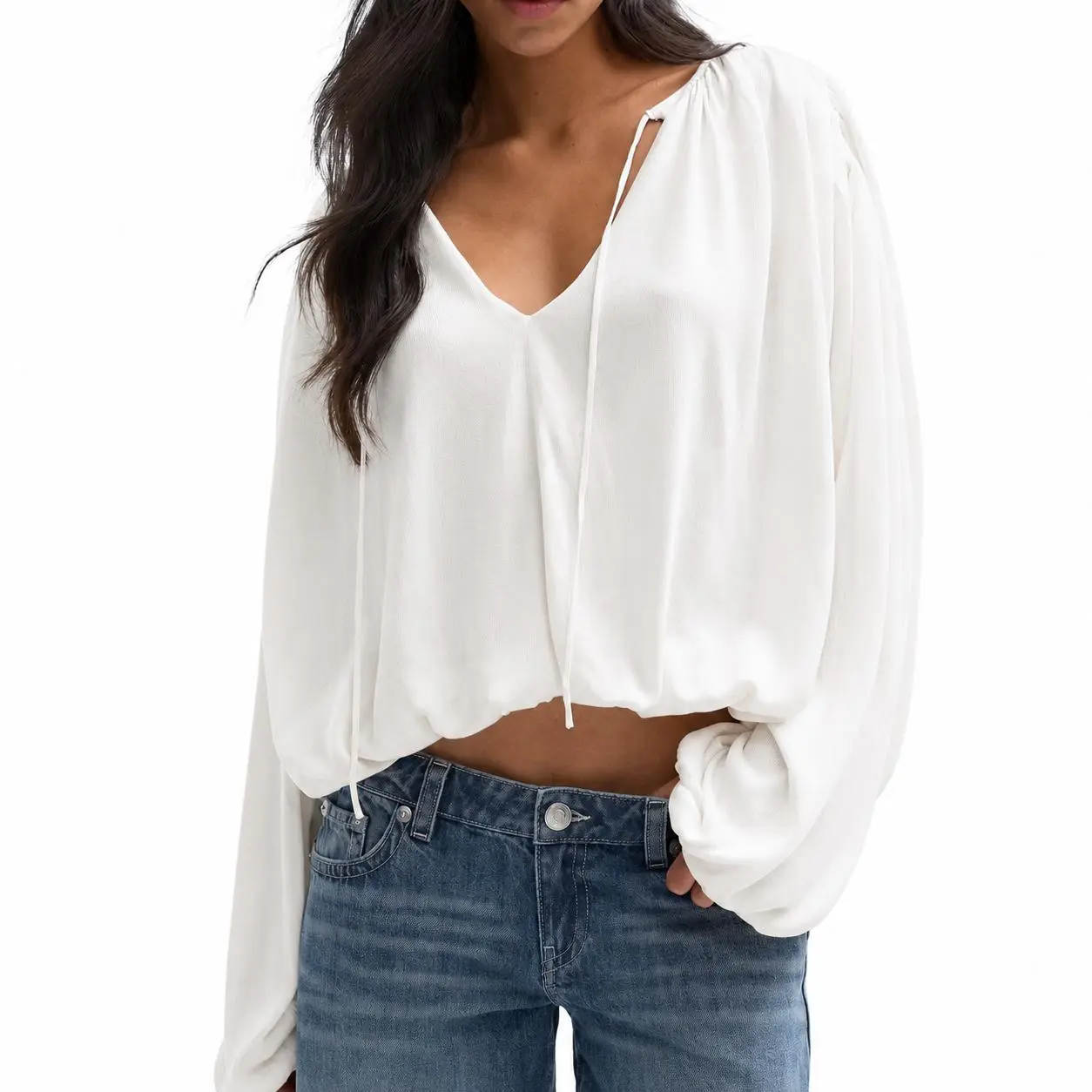 Imily Bela Womens Drawstring V Neck Balloon Long Sleeve Rib Knit Cropped Casual Blouse Top