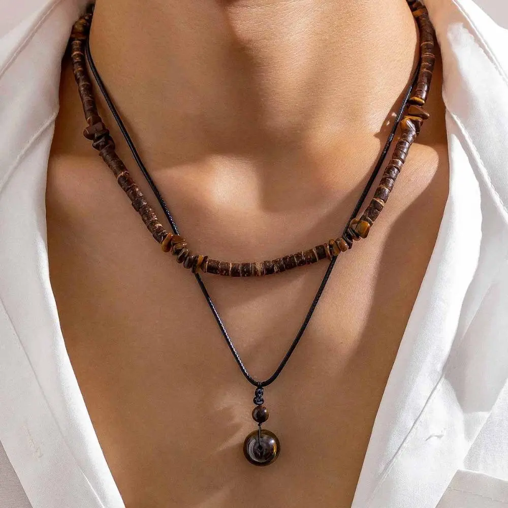 2026 New Trendy Male Bag Charm Set - Multi-Layer Hip Hop Sweater Chain, Coconut Shell & Turquoise Natural Stone Necklace, Casual Street Style Bag Accessory for Daily & Party Looks, Unique Texture, Coconut Shell Necklace, Men's Accessory, Pendant, Layered,
