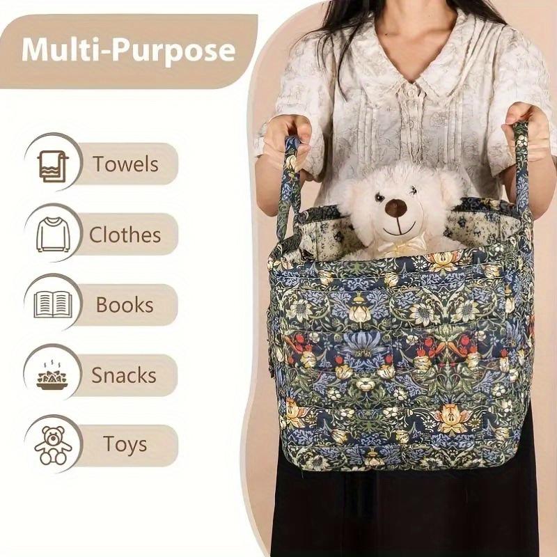 Charming Floral Fabric Storage Bins with Handles- Desktop Storage Basket, Travel Folding Organizer, Portable, Multi-Compartment Organizer for Clothes, Underwear& Accessories- Ideal for Bedroom or Bathroom Decor, Laundry Baskets