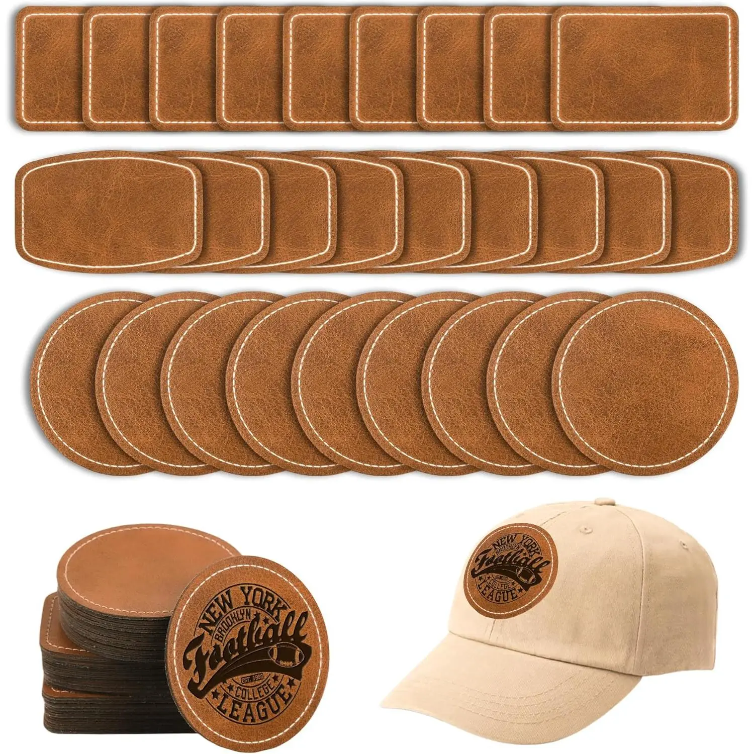 Faux Leather & Leatherette Hat Patches - 60 Pack Blank Laserable Patches with Adhesive Backing for Customization, Fabric Repair, Sewing & Laser Engraving Supplies (Brown)