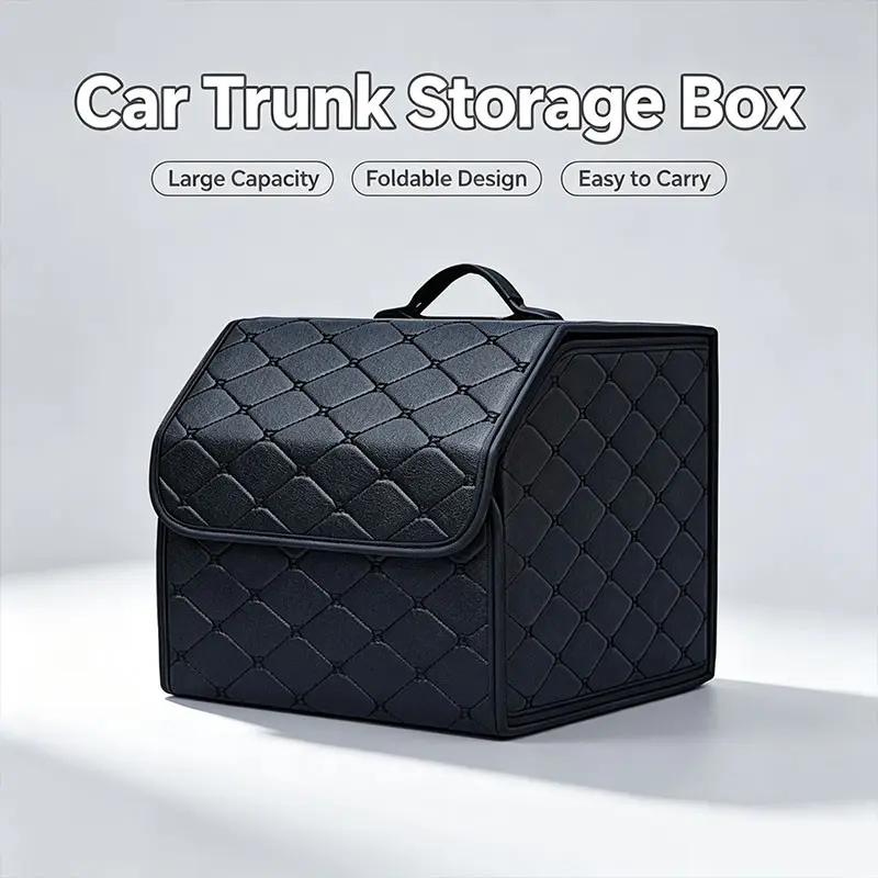 Small PU Leather Foldable Car Trunk Storage Box, Waterproof Large Capacity Car Organizer, Handheld Flip Cover Vehicle Storage Tray
