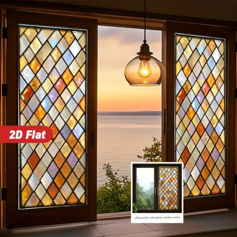 2D Flat Static Cling Stained Glass Diamond Pattern Decorative Window Film Ornament Decoration Items Home Decor For Living Room And Bedroom Removable