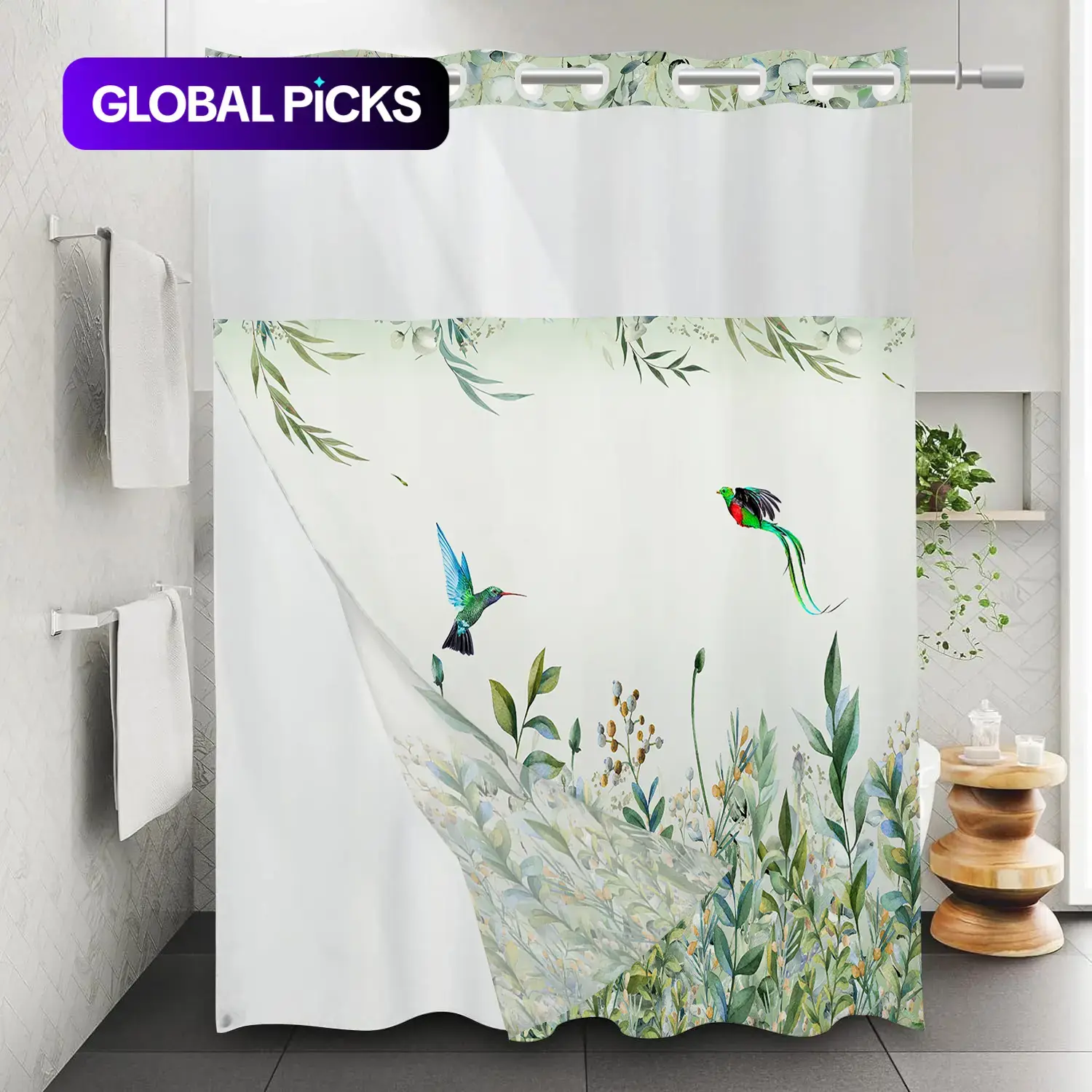 Bird & Flower Pattern Decorative Shower Curtain, Pastel Hook-Free Waterproof Design, Bathroom Decoration Accessory for Home Decor #GLOBAL PICKS