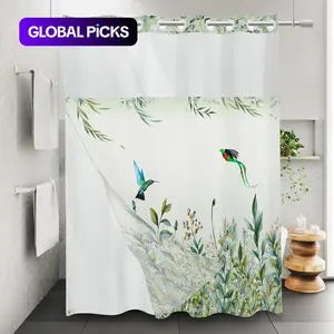 Bird & Flower Pattern Shower Curtain, Pastel Waterproof Hook Free Shower Curtain Design, Bathroom Accessories, Bathroom Shower Curtains #GLOBAL PICKS