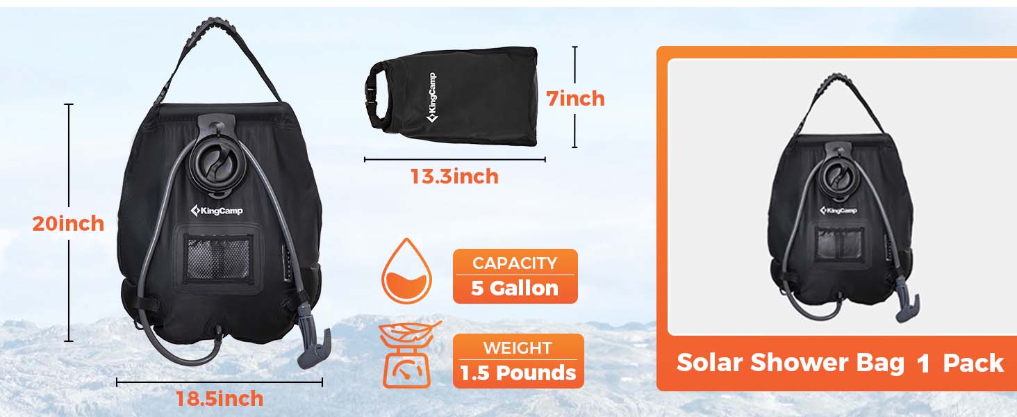 KingCamp Solar Shower Bag, Leak-Proof Design Camping Shower Bag with Thermometer, Removable Hose & Switchable Shower Head, 5 gallon/20L