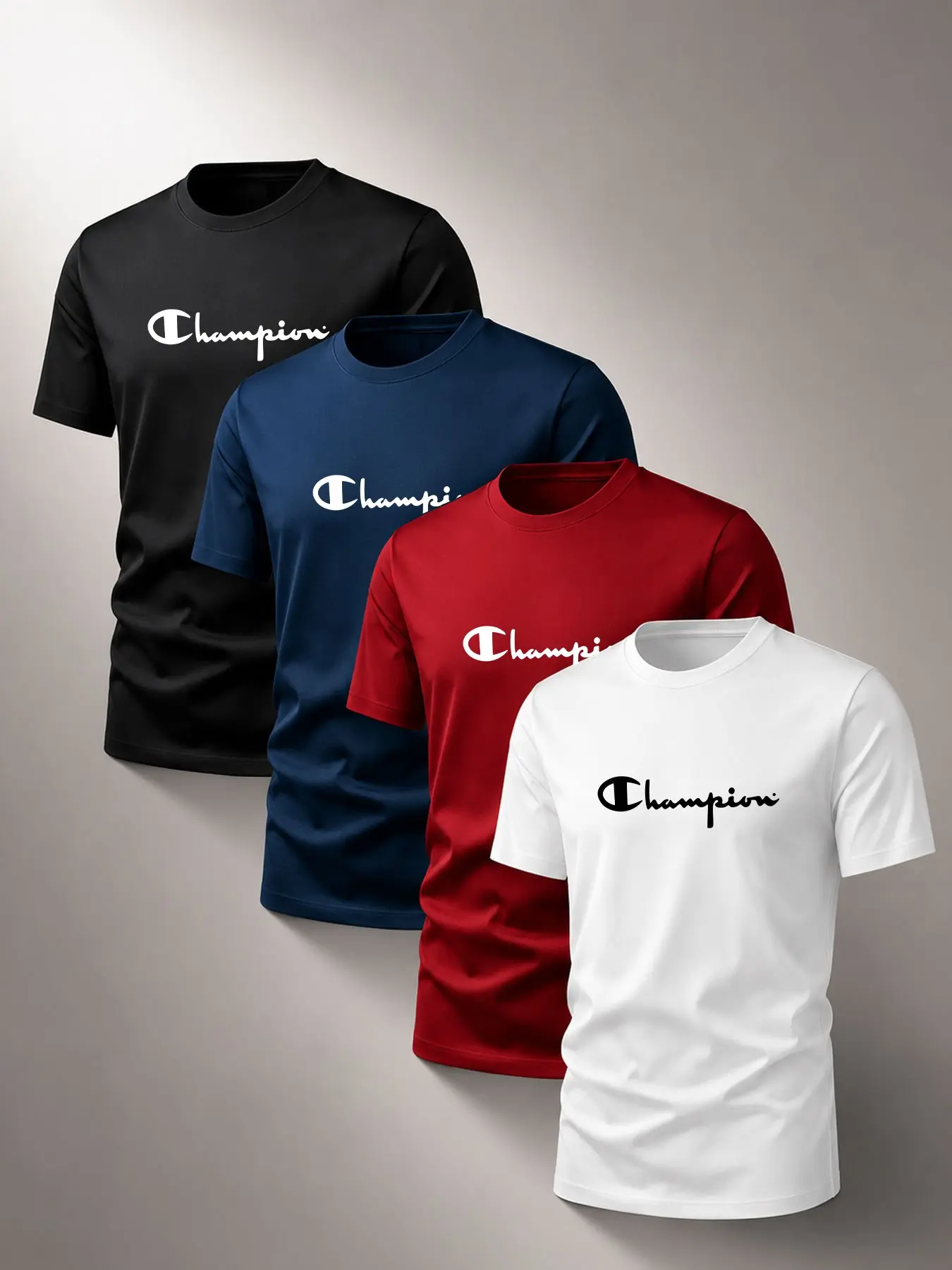 4-Pack Men's Round Neck Casual T-Shirts, Champion Style Logo Print, Soft Breathable Fabric, Ideal for Daily Wear, Commute, Sports