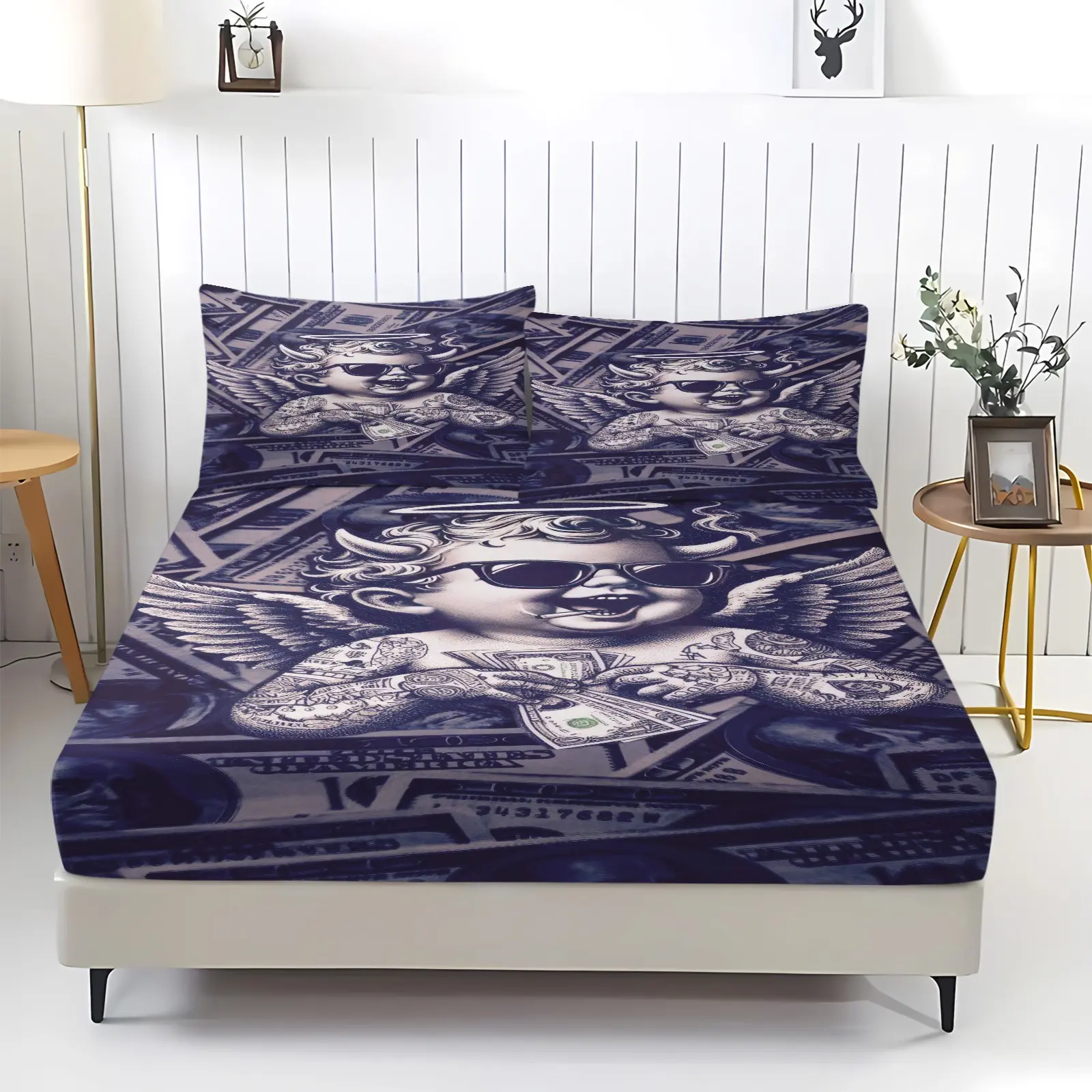 3Pcs Cool Angel Money Printed Fitted Sheet Set, Streetwear Style Bedding Set, Soft Breathable Microfiber Bedspread with Vibrant Digital Print, Trendy Bedroom Decor for Teenagers & Adults, Includes 2 Pillowcases, No Pillow Core