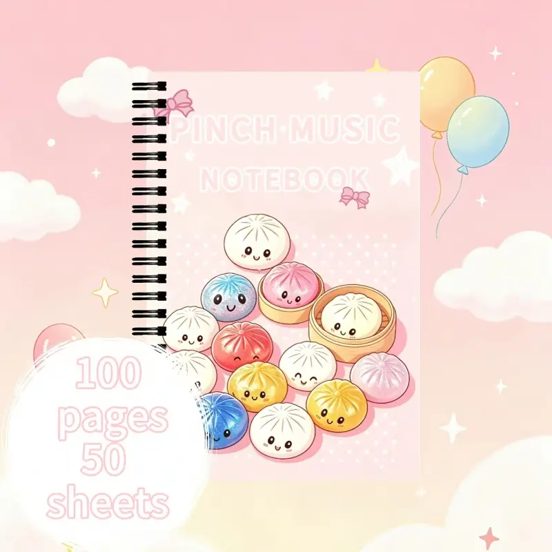 Cute Kawaii fluffy steamed bun spiral notebook, soft squeeze stress-relief cover, adorable cartoon bun pattern aesthetic diary planner, with grid pages for writing notes and journal entries, a perfect birthday or school gift choice for student girls