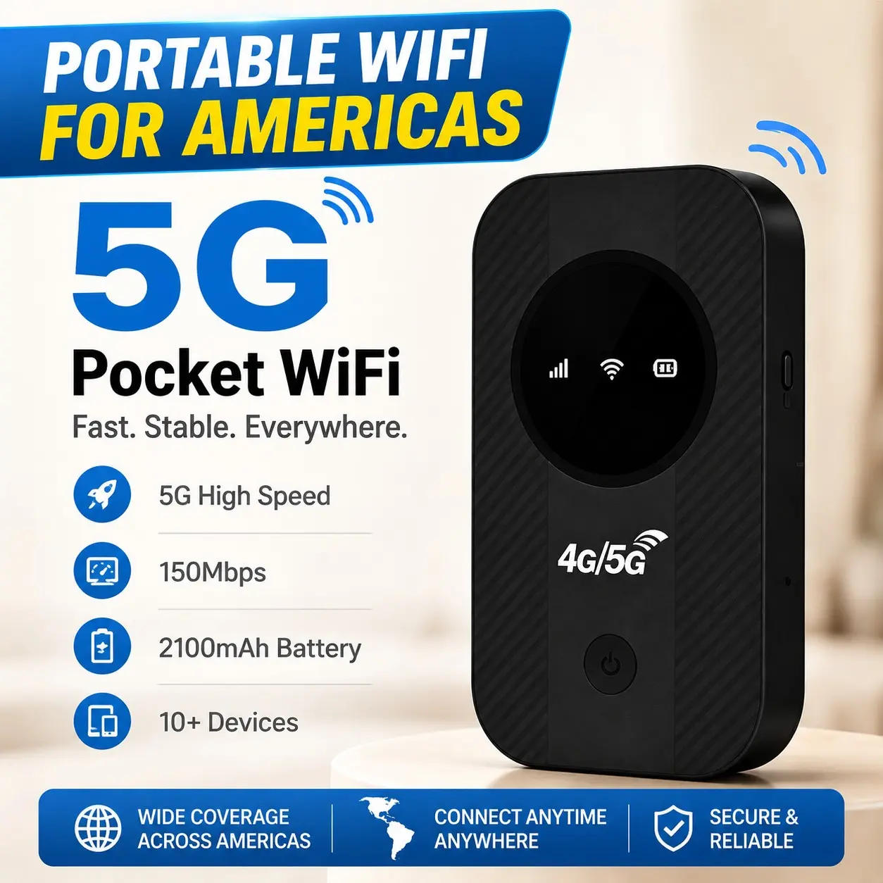 Portable 4G Mobile WiFi Hotspot, High Speed Wifi, 4G LTE Pocket Router built in rechargeable battery supports global LTE connects up to 10 devices low latency perfect for EU travel RV camping hiking fishing airport remote work 4K streaming cloud gami
