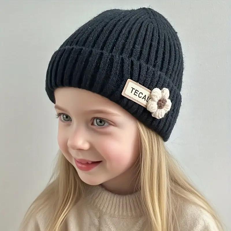 1pc Girls' Winter Hat with Floral Ear Flaps - Thick Knit Beanie, Soft Stretchy Cold Weather Cap for Toddlers & Kids Ages 3-8, Beige/ Pastel Pink/ Navy - Perfect Christmas, Birthday, Thanksgiving Gift for Girls, Seasonal Kids Wear, Playful Design, Comforta