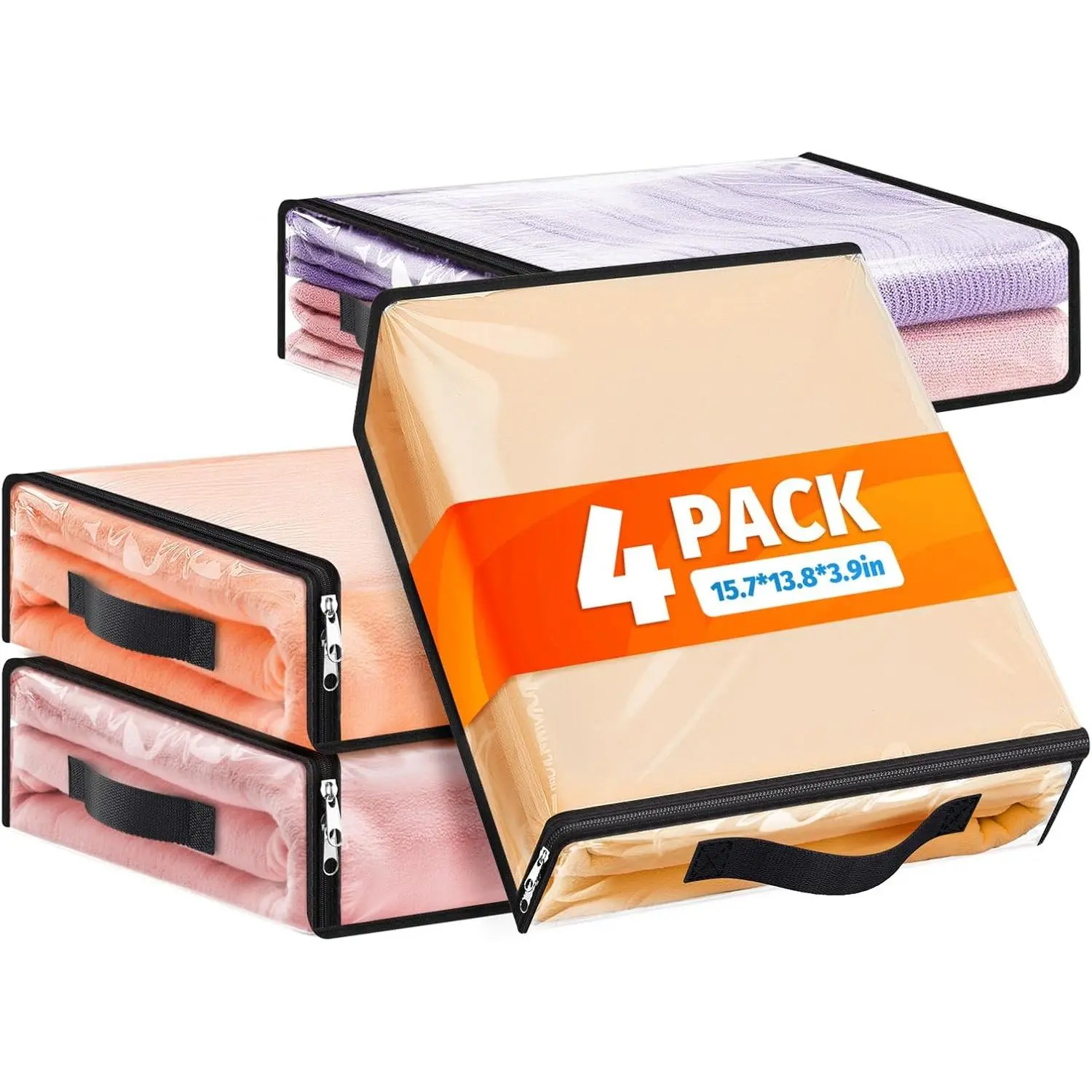 Clear Sheet Storage Bags, 4 Pack, 15.7 x 13.8 x 3.9 in | Sheet organizers and storage, zippered closure, thick plastic, reinforced handles, clothes, blankets, under-bed storage