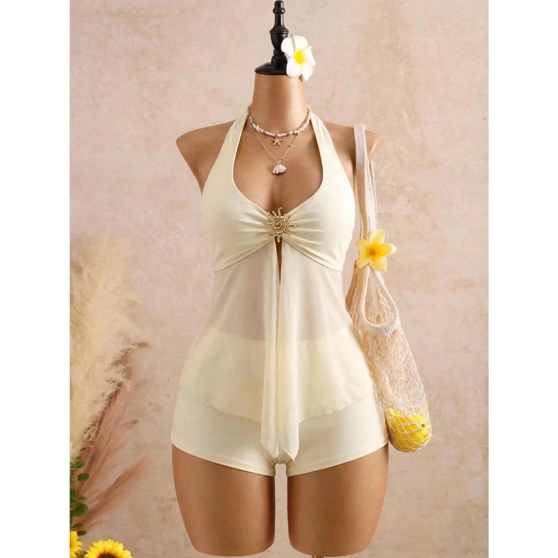 Sexy Beige Two Piece Bikini Set 2026 Women Metal Sun Ornament Mesh Tank Top High Waist Swimsuit Holiday Bathing Suit Swimwear