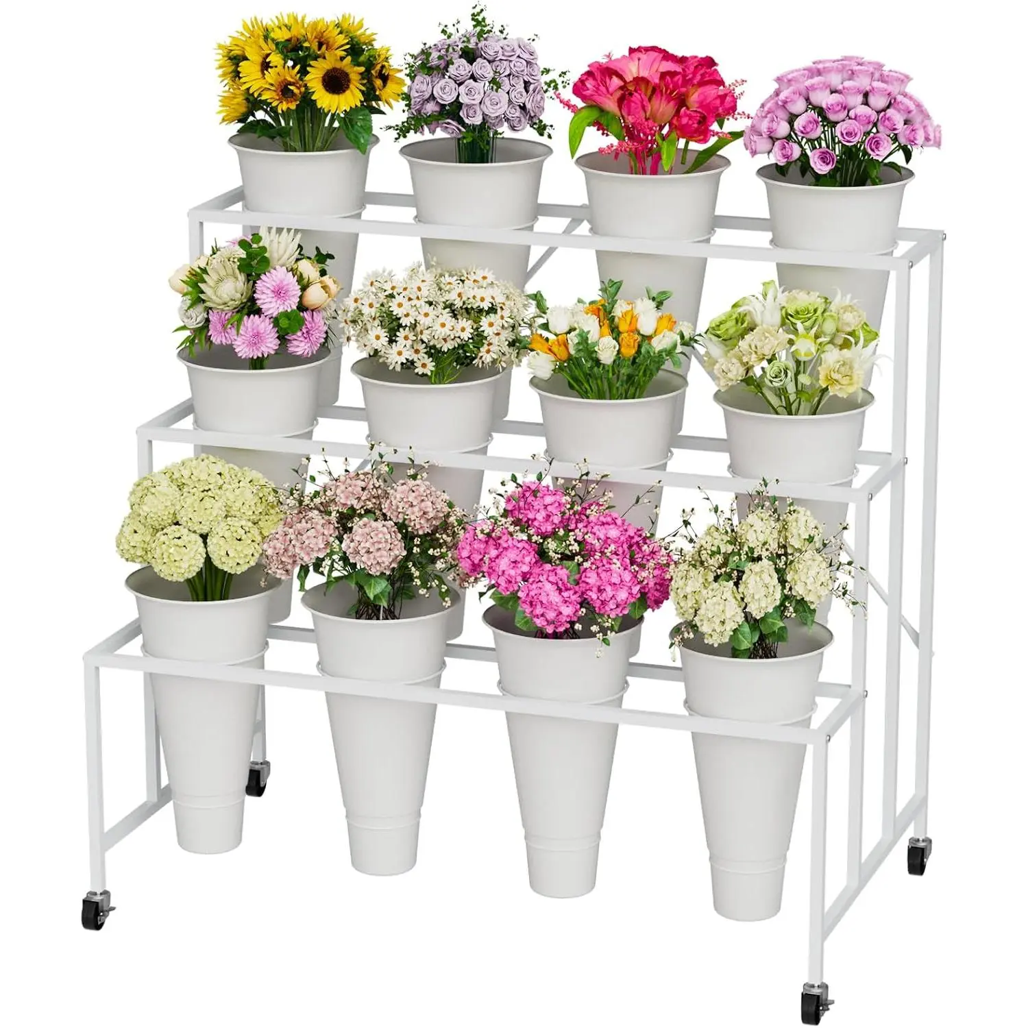 Flower Stand, 3-Tier Flower Display Stand with Buckets for Indoor Outdoor, Flower Cart Display Stand with Wheels for Courtyard, Balcony, Flower Shop, Wedding, Party, Exhibition (White)