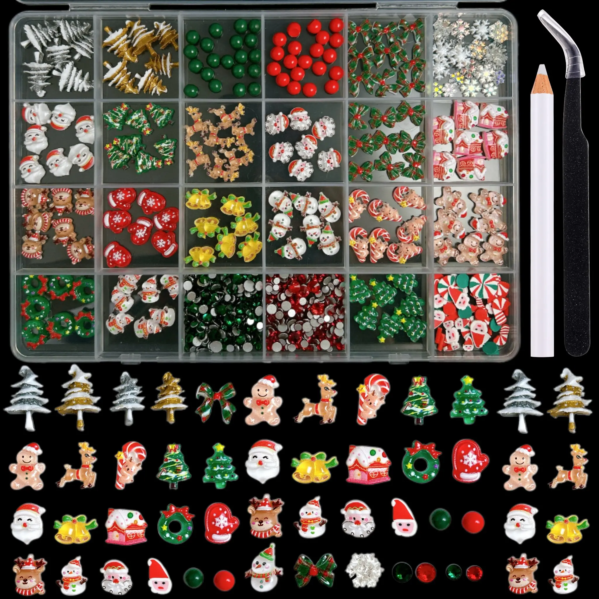 All Xmas theme charms for DIY crafts 🦌，Perfect Christmas 3D nail accessories for winter ❄️，24-Piece Christmas Resin Nail Art Set, Santa Claus Reindeer Design, Winter Holiday DIY Nail Accessories, Festive Nail Stickers, Nail Decoration Supplies