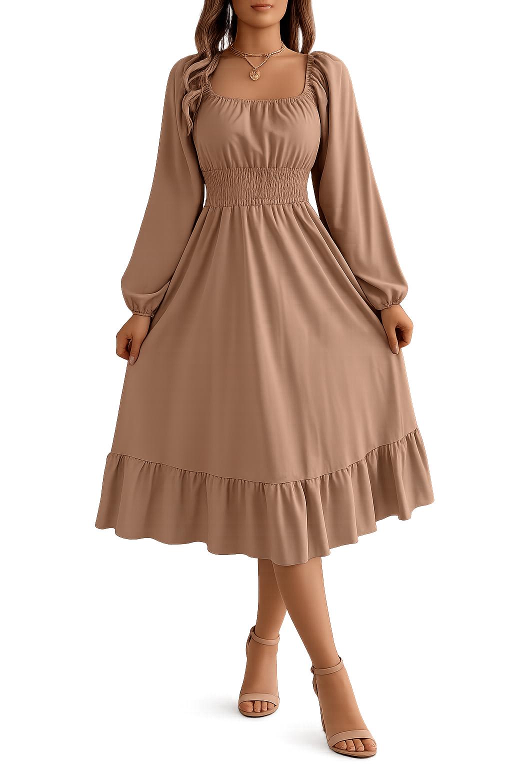 2026 Spring and Summer Leisure Solid Color Square Collar Long Sleeve Waist-Cinched A-Line Skirt