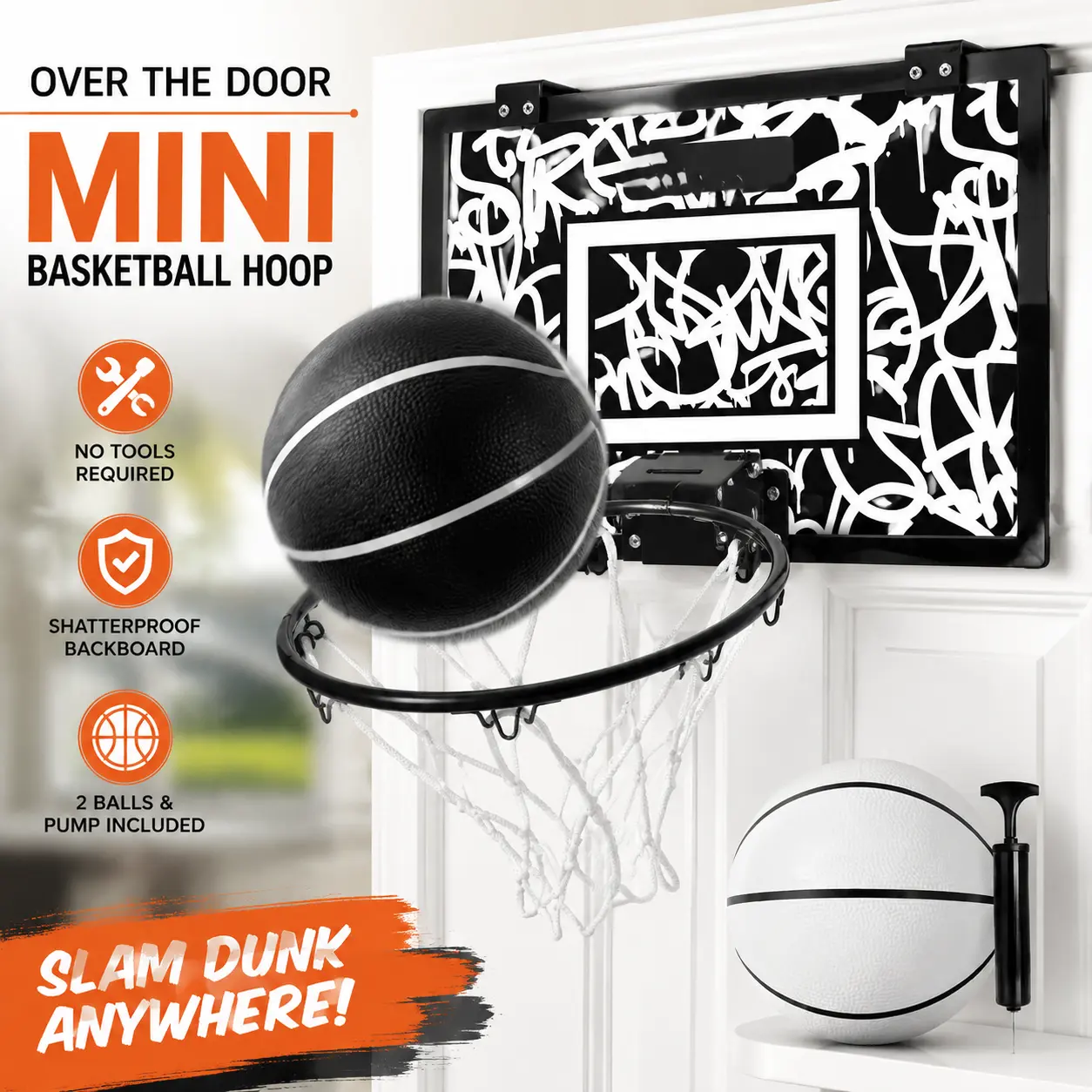 Over-the-Door Mini Basketball Hoop with 18x12 Shatterproof Backboard, 2 Mini Basketballs and Hand Pump for Indoor Practice, No Tools Required