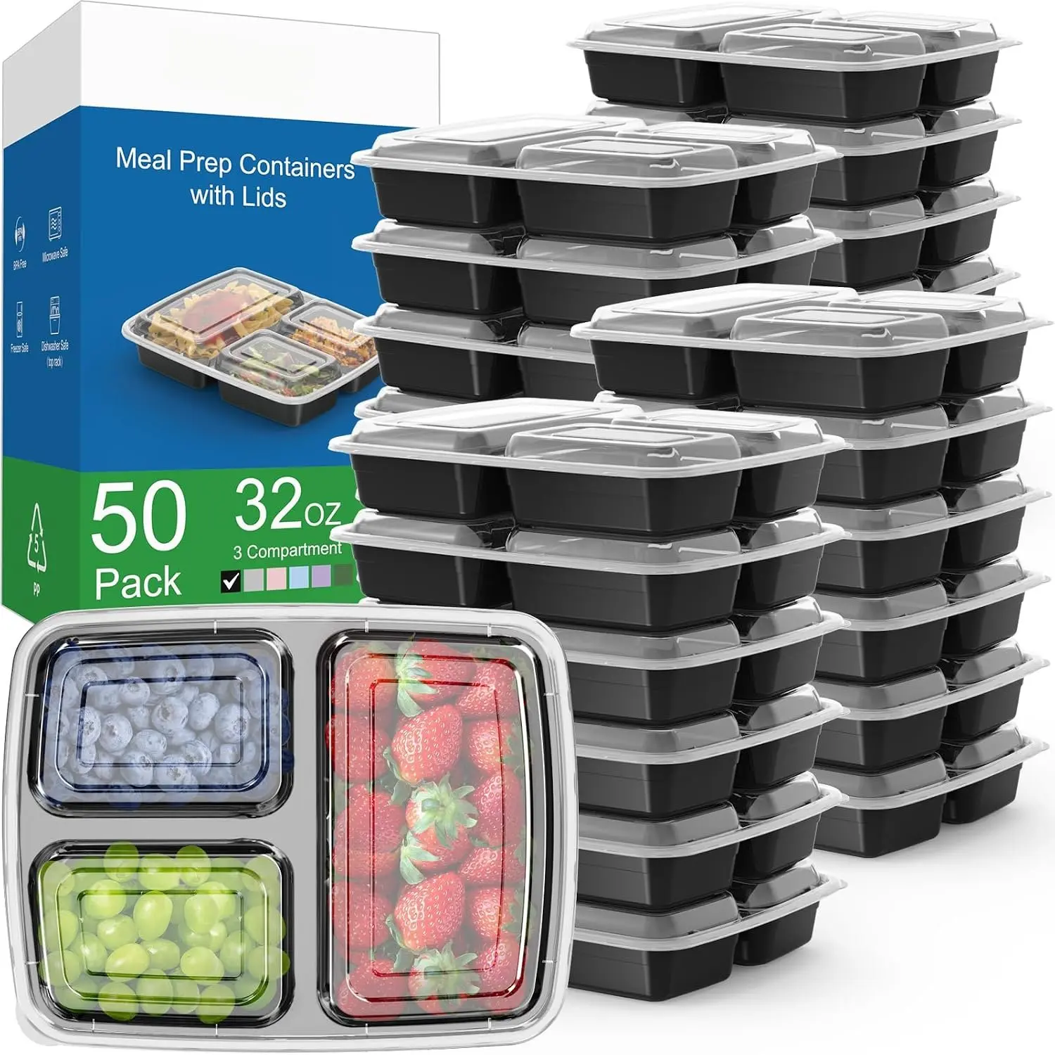 50 Pack (100-) 32 oz Meal Prep Containers  with  3-Compartment, To Go Take Out Plastic  Storage Containers, Sturdy Leakproof  Safe, Microwave Freezer Dishwasher Safe, Black
