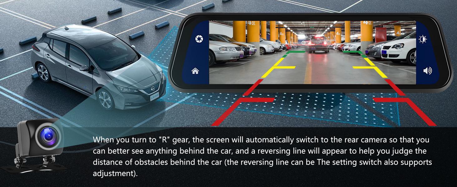 9.66" Carplay Mirror Dash Cam with Android Auto, Rear View Mirror Camera Front and Rear Dual Cameras Support Voice Control Night Vision Parking Assistance Monitoring 64G TF Card