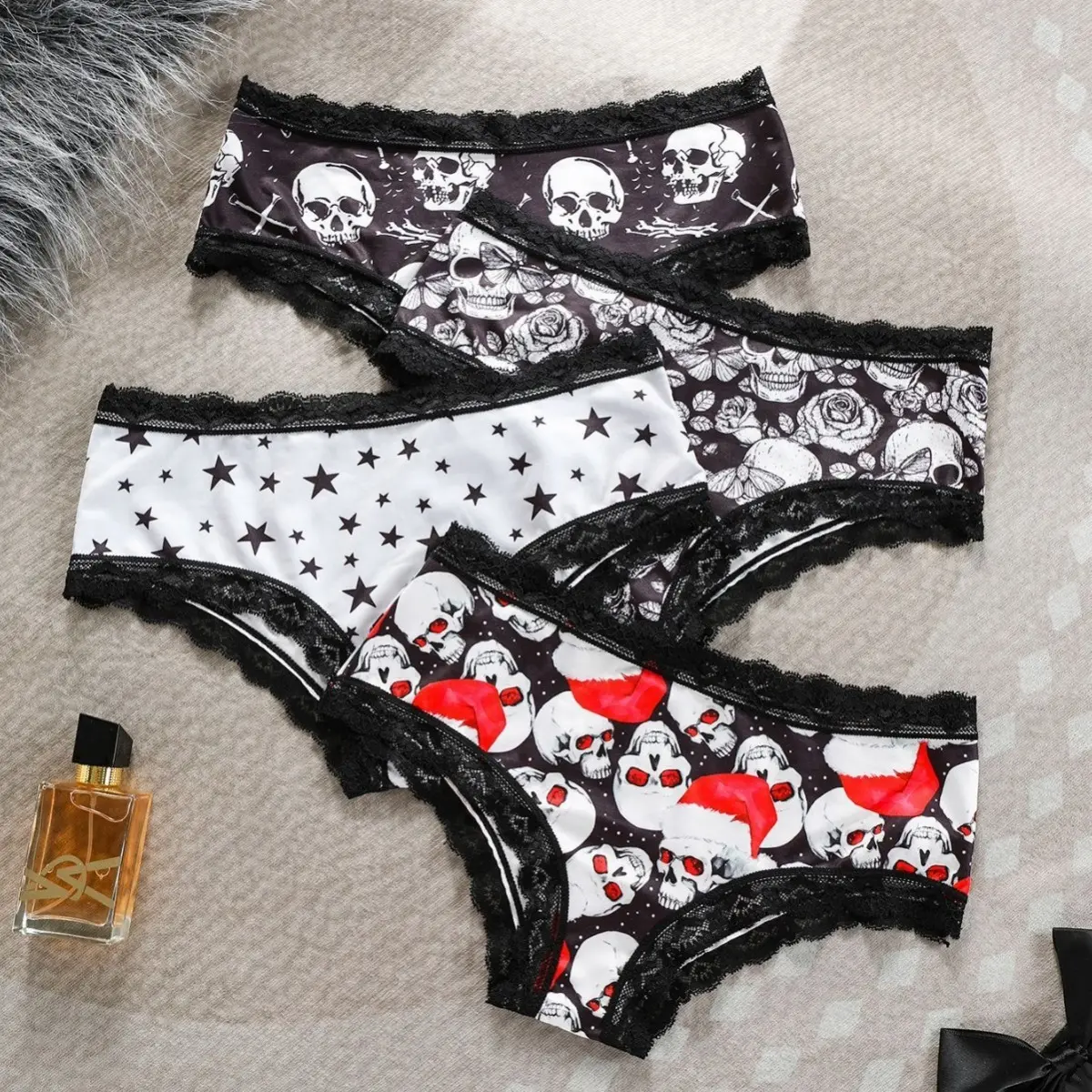 Women's Plus Size Panty Pack, 4pcs Christmas Skull Print Cotton Briefs, Breathable and Comfortable Underwear, Xmas Theme, Bone Skull, Four Pieces