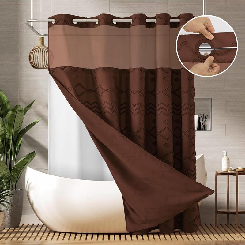 No Hook Shower Curtain with Snap in Liner SimpleStyle Double Layer Waterproof Inner Liner White Cloth 72x75 Inch Machine Washable Easy Care Dark Brown