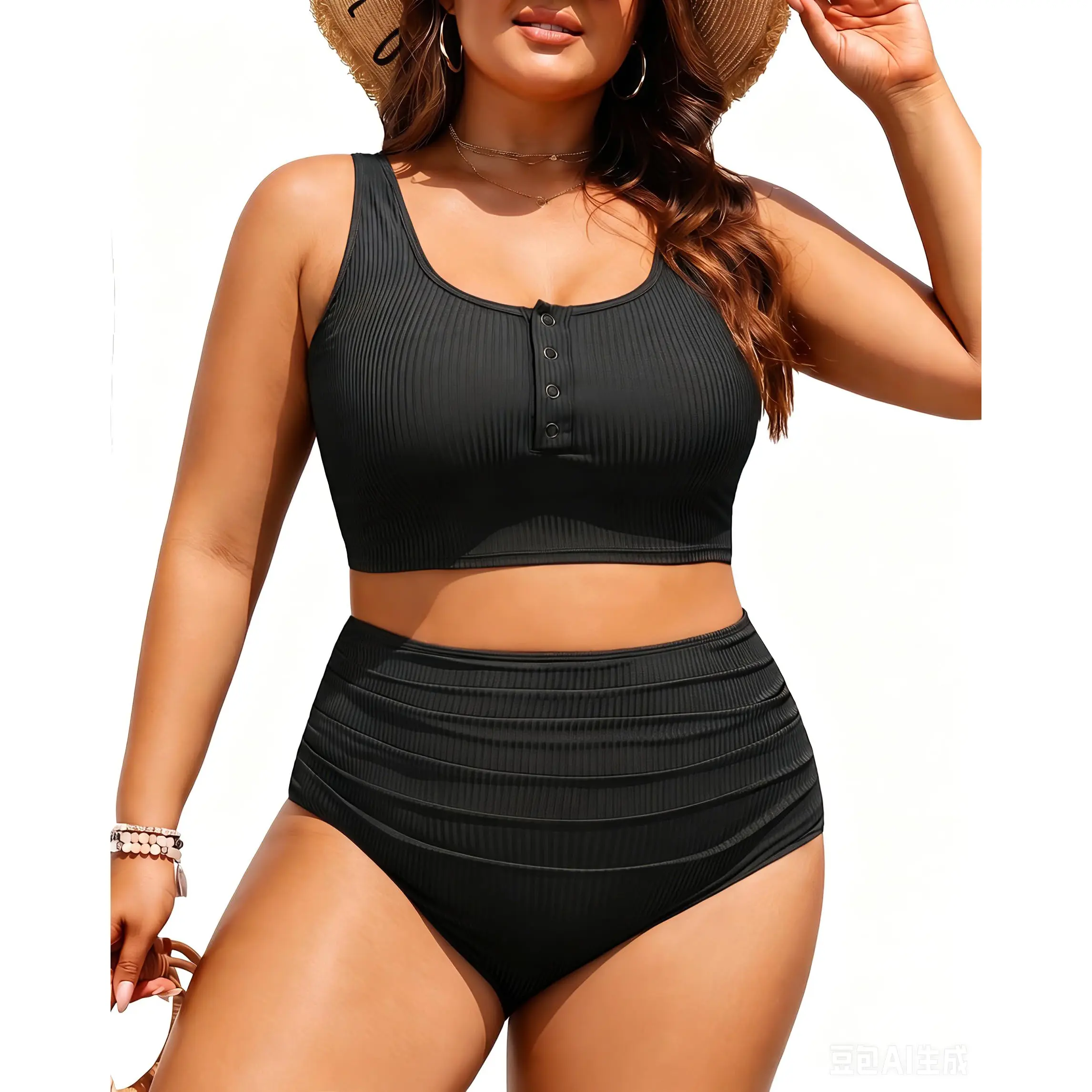 Yonique Plus Size Two Piece Swimsuit - Womens High Waisted Bikini Tummy Control Bathing Suit Ribbed Swimwear