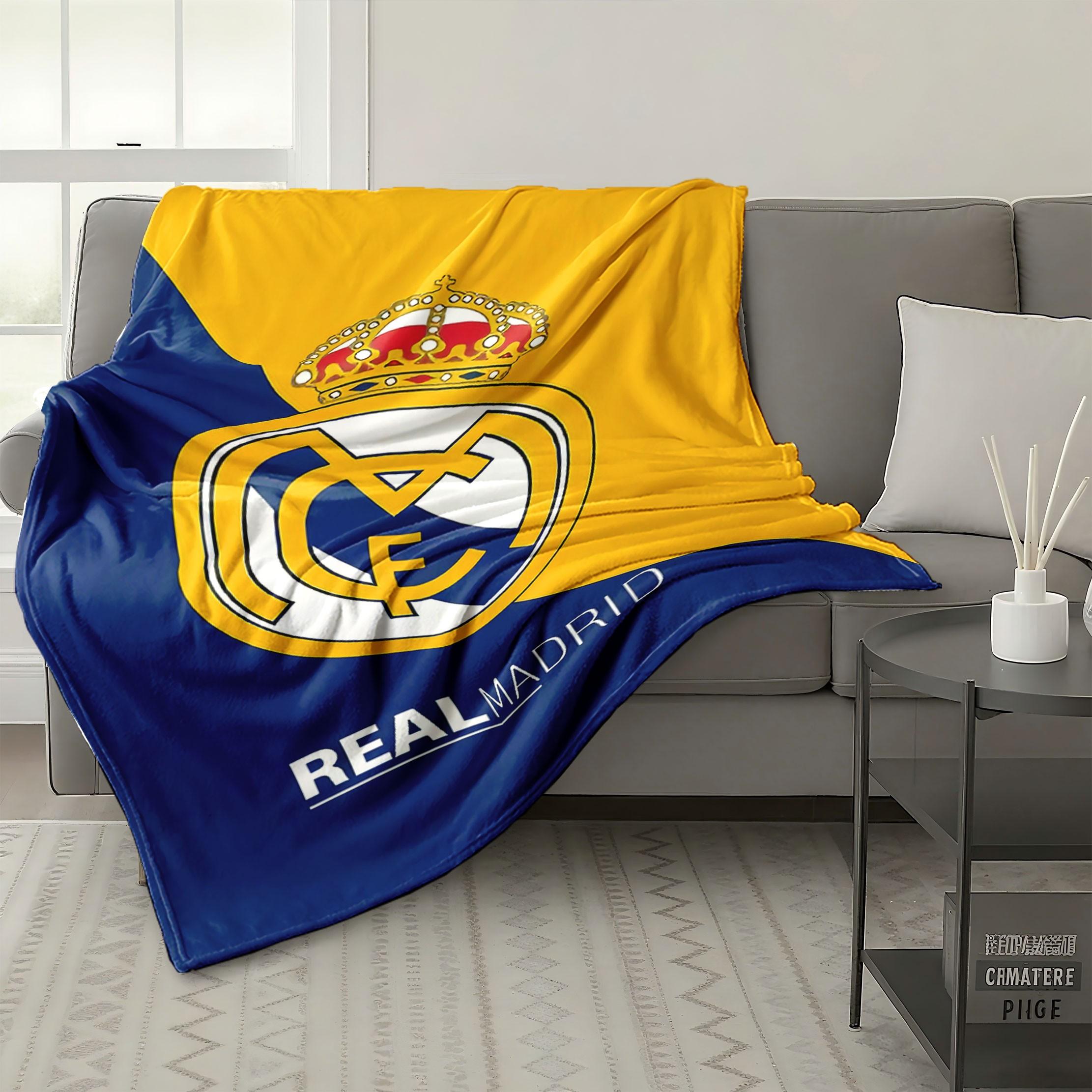 Royal Madrid Team Logo Blanket, Soft Flannel Gift Throw, High-Definition Print, Comfortable Bed & Office Blanket, Multifunctional Travel Cover